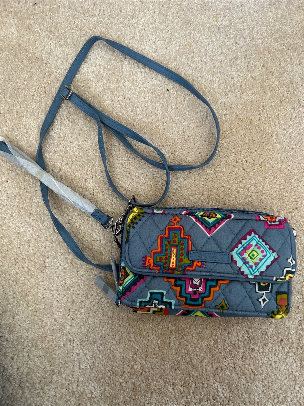 Vera Bradley Quilted Gray Crossbody Wallet with Colorful Geometric Print